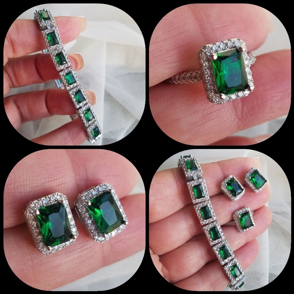 Swarovski Elements 925 Sterling Silver Emerald Green HaloEarrings NEW - Picture 4 of 14